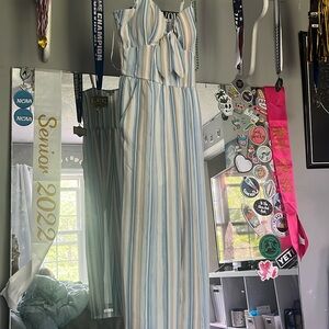 blue and beige capris jumpsuit